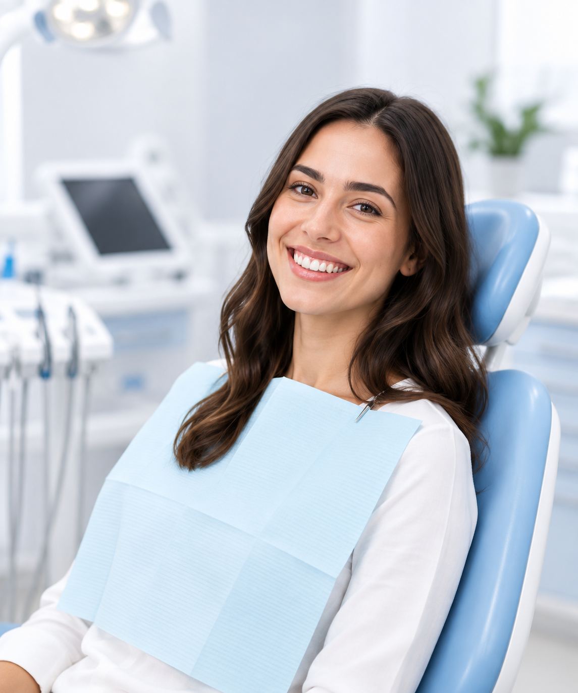 Imagem ilustrativa de uma mulher sorrindo em atendimento odontológico
